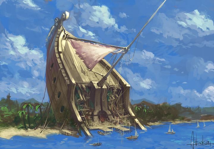 adiyos, beach, blue_sky, boat, clouds, dock, ocean, palm_tree, ruins, sail, scenery, ship, shipwreck, sky, tree, water, watercraft
