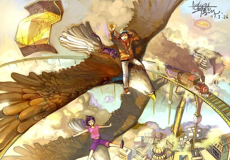 1boy, 1girl, adiyos, aircraft, airship, bird, blimp, bridge