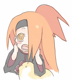 1boy, akatsuki_(naruto), artist_request, blush, chibi, chikushoudou_pain, deidara, headband, long_hair, lowres, male_focus, naruto, naruto_shippuuden, orange_hair, pain_(chikushoudou), pain_(naruto), solo