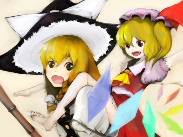 blonde_hair, broom, female, flandre_scarlet, inoe, inoe_(noie), kirisame_marisa, long_hair