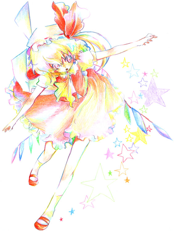 bad_id, blonde_hair, female, flandre_scarlet, hat, ribbon, touhou, wings, yaka_(pixiv)