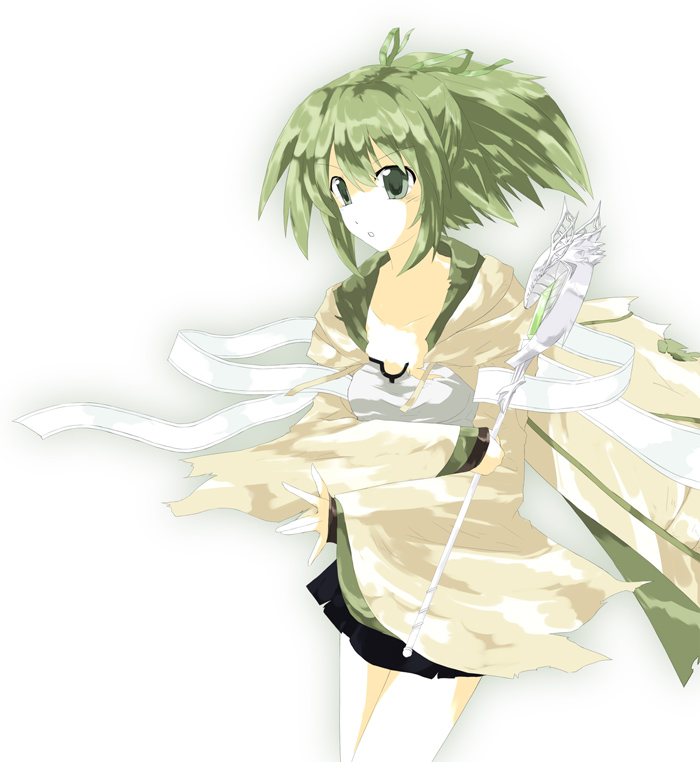 1girl, duel_monster, green_eyes, green_hair, hair_ribbon, jacket, open_mouth, ponytail
