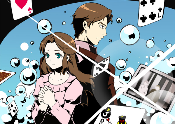 1boy, 1girl, baccano!, bad_id, border, dallas_genoard, eve_genoard, lens_flare