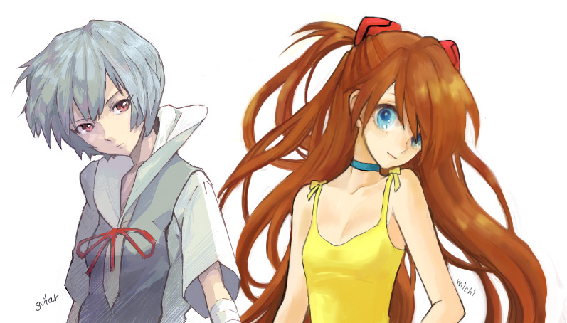 2girls, ayanami_rei, blue_eyes, blue_hair, choker, dress, guitar_(artist), guitar_(guitars)