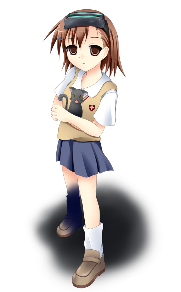 brown_eyes, brown_hair, cat, head_mounted_display, misaka_imouto, narumi_(artist), school_uniform, shoes