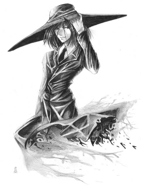 1boy, adjusting_clothes, adjusting_hat, akabane_kurodo, akabane_kuroudo, bangs, formal, getbackers, hair_between_eyes, hat, light_smile, long_coat, looking_at_viewer, male_focus, monochrome, necktie, short_hair, signature, simple_background, smile, solo, suit, traditional_media, upper_body