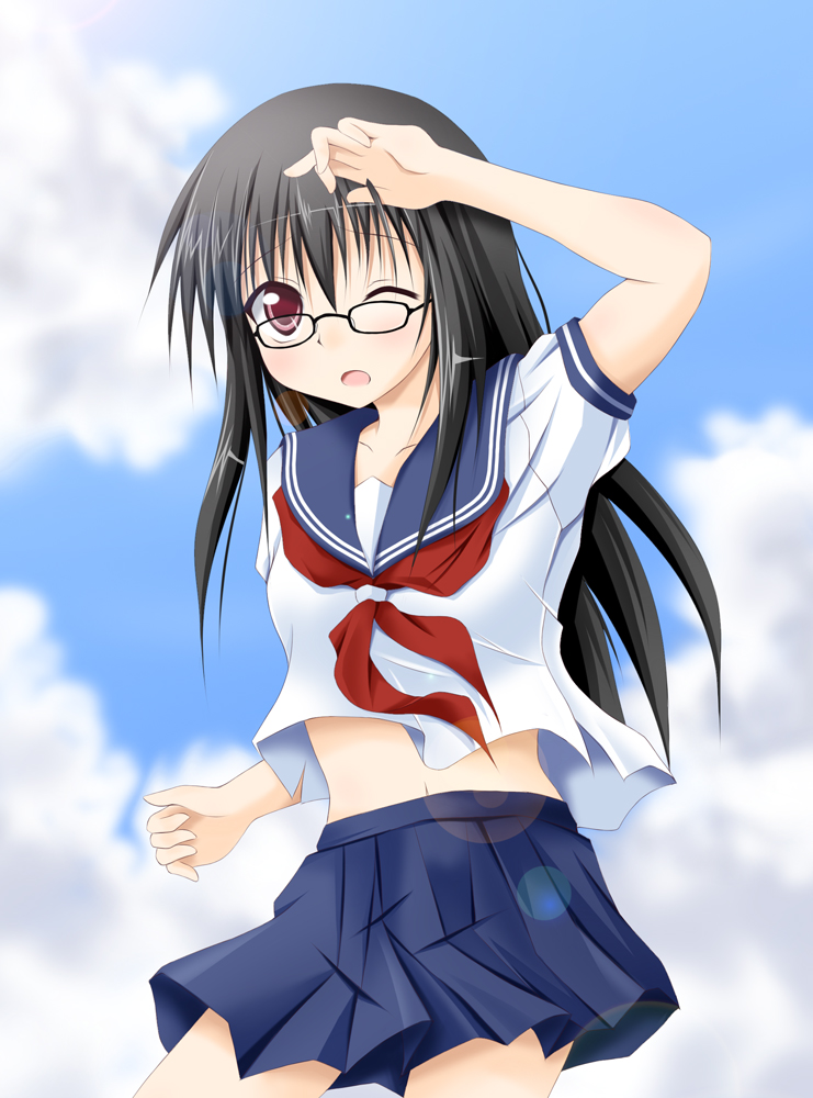 glasses, long_hair, midriff, narumi_(artist), open_mouth, original, school_uniform, serafuku