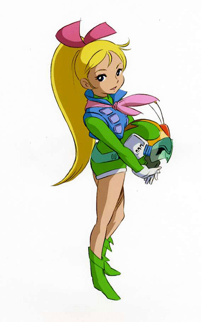 1girl, 70s, ascot, blonde_hair, boots, bow, gloves, green_boots, hair_bow, hair_ribbon, helmet, kamikita_keiko, long_hair, muteki_choujin_zambot_3, oldschool, pink_bow, ponytail, ribbon, solo, standing, vest, yoshida_ken'ichi