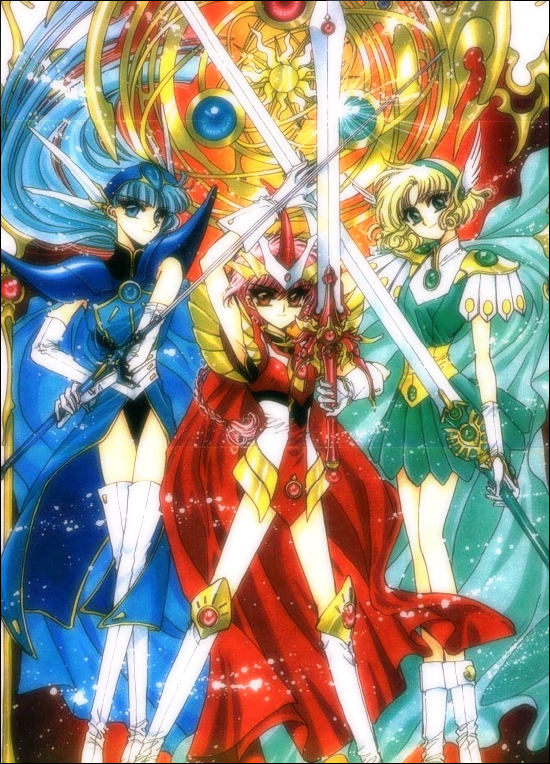 3girls, 90s, armor, armored_dress, blonde_hair, blue_hair, boots, clamp