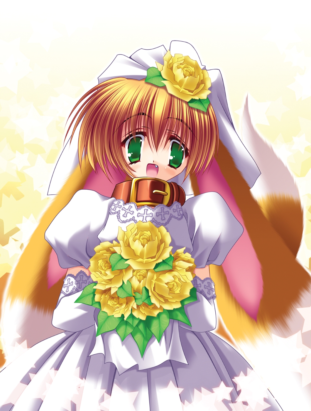 1girl, animal_ears, aoi_yuuji, bouquet, bridal_veil, bride, collar, dog_ears, dog_tail, dress, elbow_gloves, female, flower, gloves, green_eyes, hair_flower, hair_ornament, highres, orange_hair, pochiko_(puni_puni_handmaid), puni_puni_handmaid, solo, tail, veil, wedding_dress