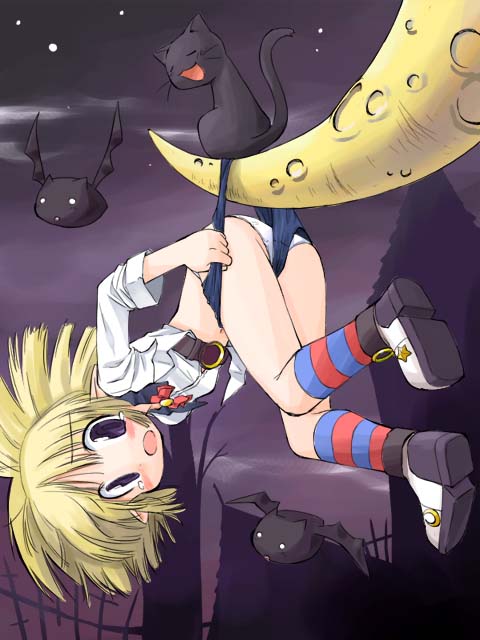 1girl, bat, blonde_hair, blush, buruma_pull, cat, loli_ruri, moon
