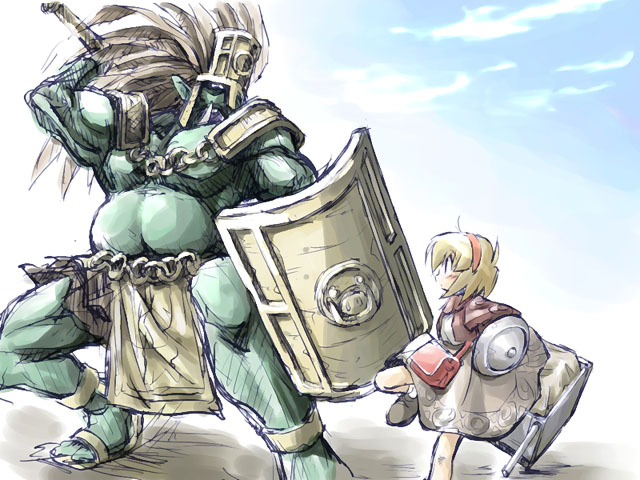 1girl, arm_up, armor, battle, blonde_hair, chains, dress, full_armor, full_body, green_eyes, helmet, holding, holding_sword, holding_weapon, long_sleeves, merchant, merchant_(ragnarok_online), orc, orc_hero, ragnarok_online, red_dress, shield, short_hair, size_difference, suka, sword, unsheathed, weapon