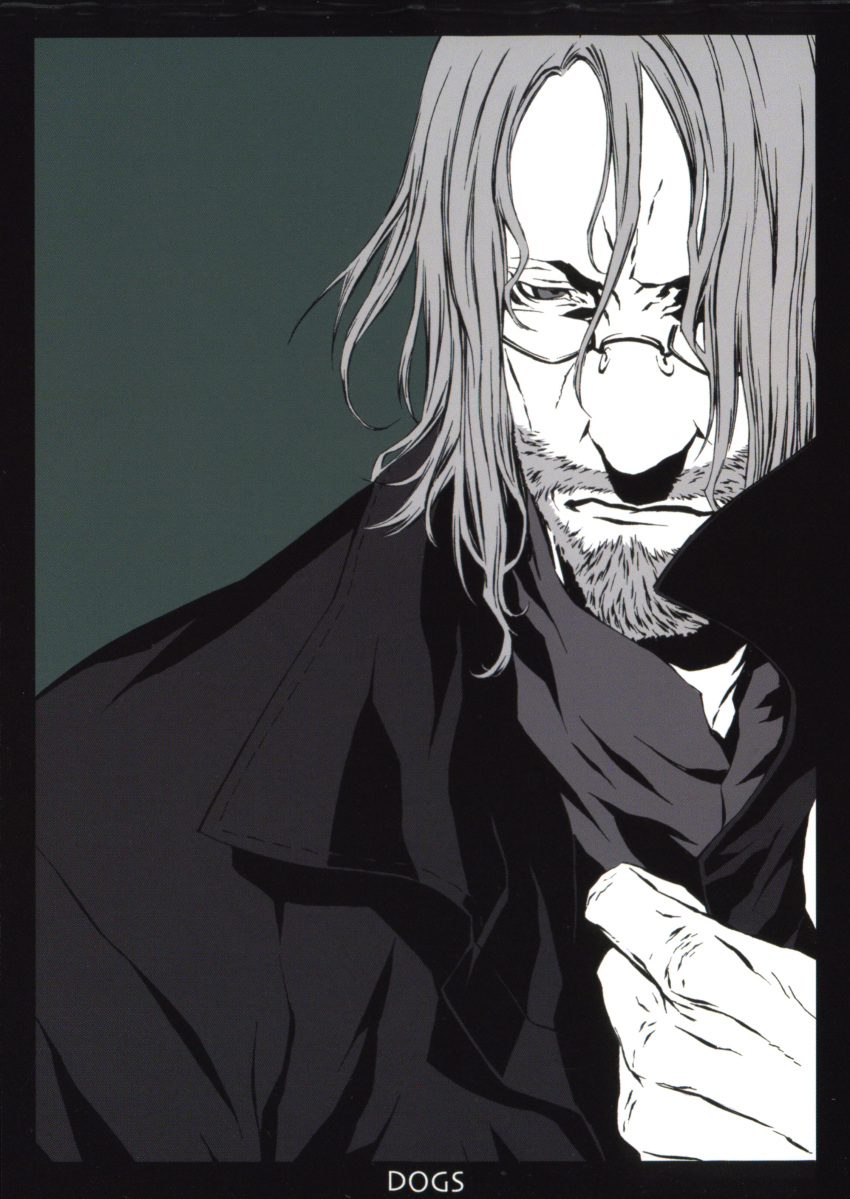 1boy, absurdres, dogs:_bullets_&amp;_carnage, glasses, highres, jacket, male_focus, mihai, mihai_mihaeroff, miwa_shirou, monochrome, scarf, simple_background, solo