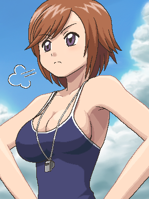 1girl, awa, breasts, brown_hair, cleavage, grey_eyes, hands_on_hips, houin_kyouko