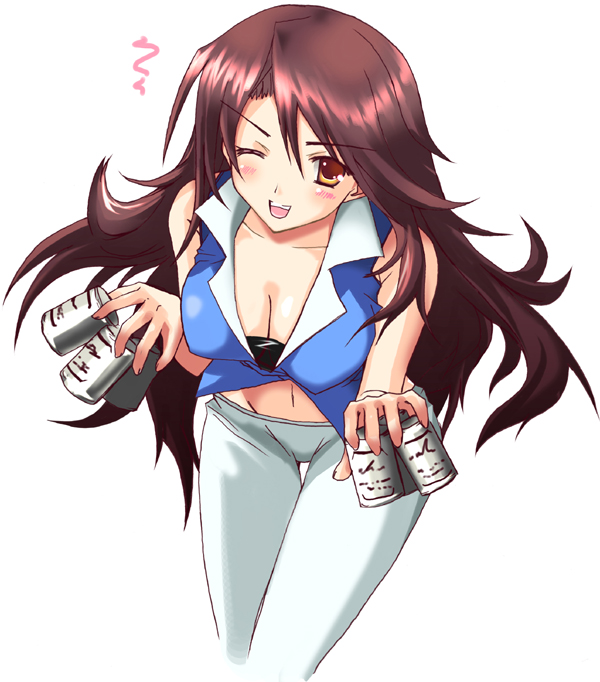 1girl, ;p, bent_over, blush, breasts, brown_eyes, cleavage, collarbone, downblouse, gundam, gundam_00, hair_between_eyes, karamiti, long_hair, looking_at_viewer, one_eye_closed, pants, simple_background, solo, standing, sumeragi_lee_noriega, tongue, tongue_out, very_long_hair, vest, white_background