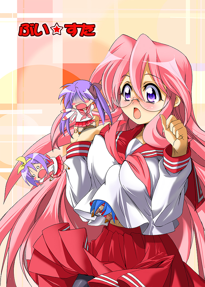 between_breasts, breasts, chibi, glasses, hiiragi_kagami, hiiragi_tsukasa, izumi_konata, lucky_star