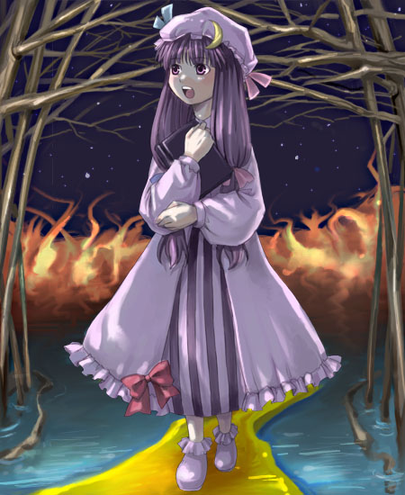 1girl, aro_s, bare_tree, book, female, fire, hat, long_hair