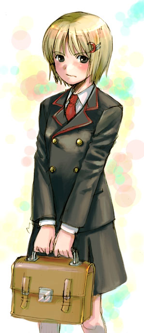 1girl, alternate_costume, aro_s, black_skirt, blazer, blonde_hair, blush, brown_eyes