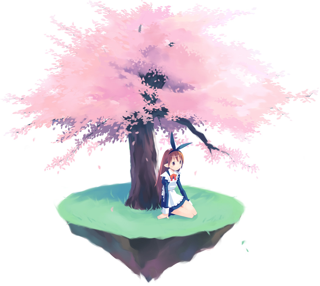 1girl, arm_support, asami_natsuhito, brown_eyes, brown_hair, cherry_blossoms, hair_ornament, island