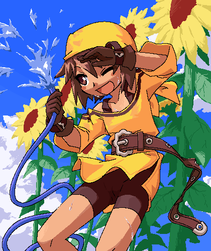 1girl, ;d, bandanna, bangs, bare_shoulders, belt, bike_shorts, blush