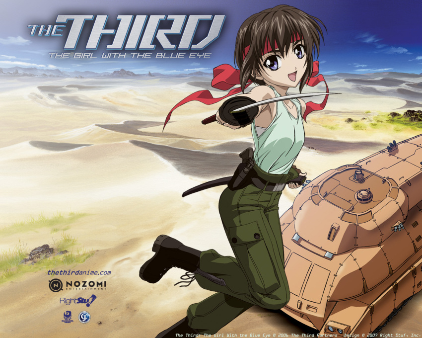 1girl, blue_eyes, desert, ground_vehicle, gun, headband, honoka, honoka_(the_third)