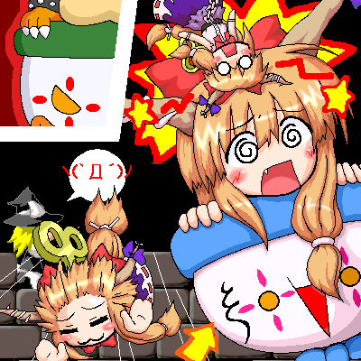:3, @_@, bowser, bowser_(cosplay), crossover, fang, ibuki_suika, kirisame_marisa
