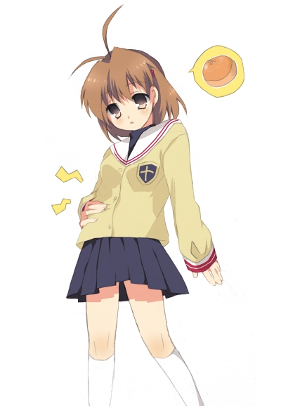 1girl, antenna_hair, brown_eyes, brown_hair, clannad, furukawa_nagisa, hand_on_own_stomach, hizu, hungry, ichiya_(obey), school_uniform, serafuku, short_hair, skirt, solo, stomach_growling