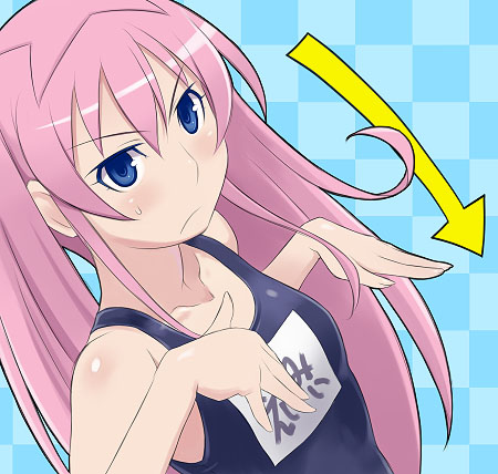 blue_eyes, blush, checkered, directional_arrow, dutch_angle, embarrassed, flat_chest, frown