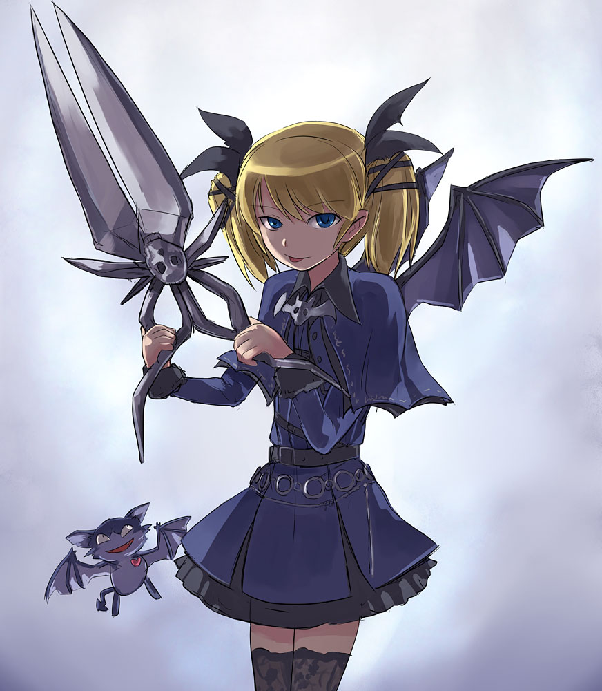 1girl, :p, bat, bat_wings, belt, blonde_hair, blue_eyes, casper_(deathsmiles)