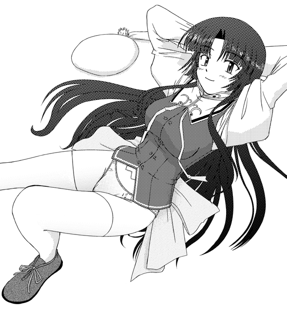 1girl, futaba_shion, monochrome, original, panties, school_uniform, serafuku, solo