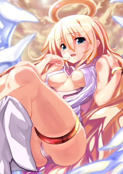 1girl, angel, breasts, halo, kinakomochi, ooyama_kina, open_clothes, open_shirt