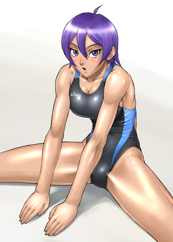 1girl, :o, asics, bang-you, blush, collarbone, competition_swimsuit, hands