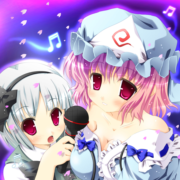 2girls, breasts, female, gradient, gradient_background, hat, konpaku_youmu, microphone