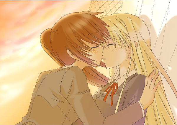 2girls, blonde_hair, couple, fate_testarossa, kiss, lyrical_nanoha, mahou_shoujo_lyrical_nanoha, mahou_shoujo_lyrical_nanoha_strikers, multiple_girls, muraya_yoshihisa, school_uniform, serafuku, side_ponytail, takamachi_nanoha, yuri