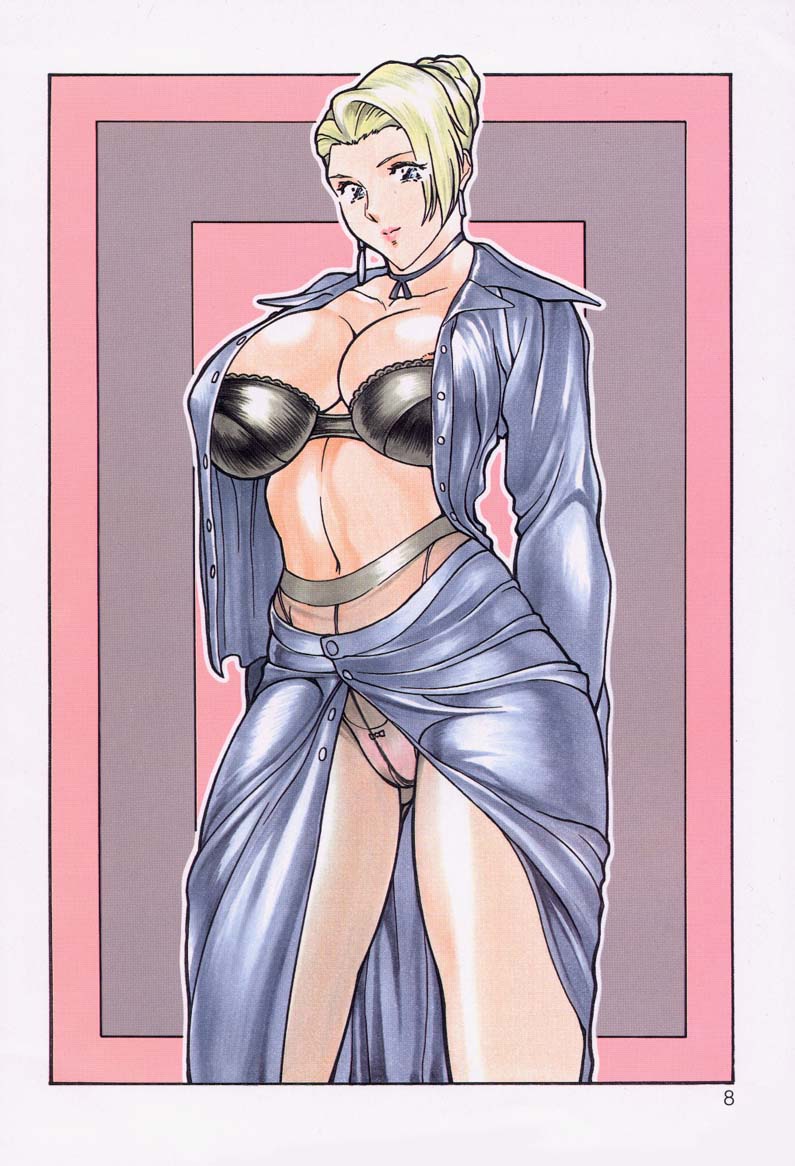 1girl, blonde_hair, blue_eyes, bra, breasts, collarbone, crotch_seam, curvy, earrings, hips, huge_breasts, jewelry, king_of_fighters, lingerie, lips, mature_(kof), navel, open_clothes, open_shirt, panties, panties_under_pantyhose, pantyhose, rippadou, shirt, snk, solo, the_king_of_fighters, thighs, unbuttoned, underwear, wide_hips