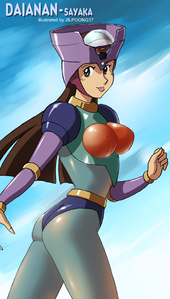 1girl, :p, breasts, brown_hair, cosplay, diana, helmet, jilpoong17