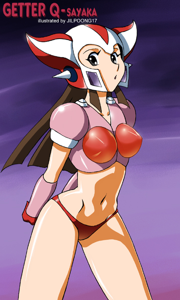 1girl, arm_behind_back, brown_hair, cosplay, getter_q, getter_robo, hat, jilpoong17, leaning_forward, long_hair, mazinger_z, mecha, panties, red_panties, solo, underwear, yumi_sayaka