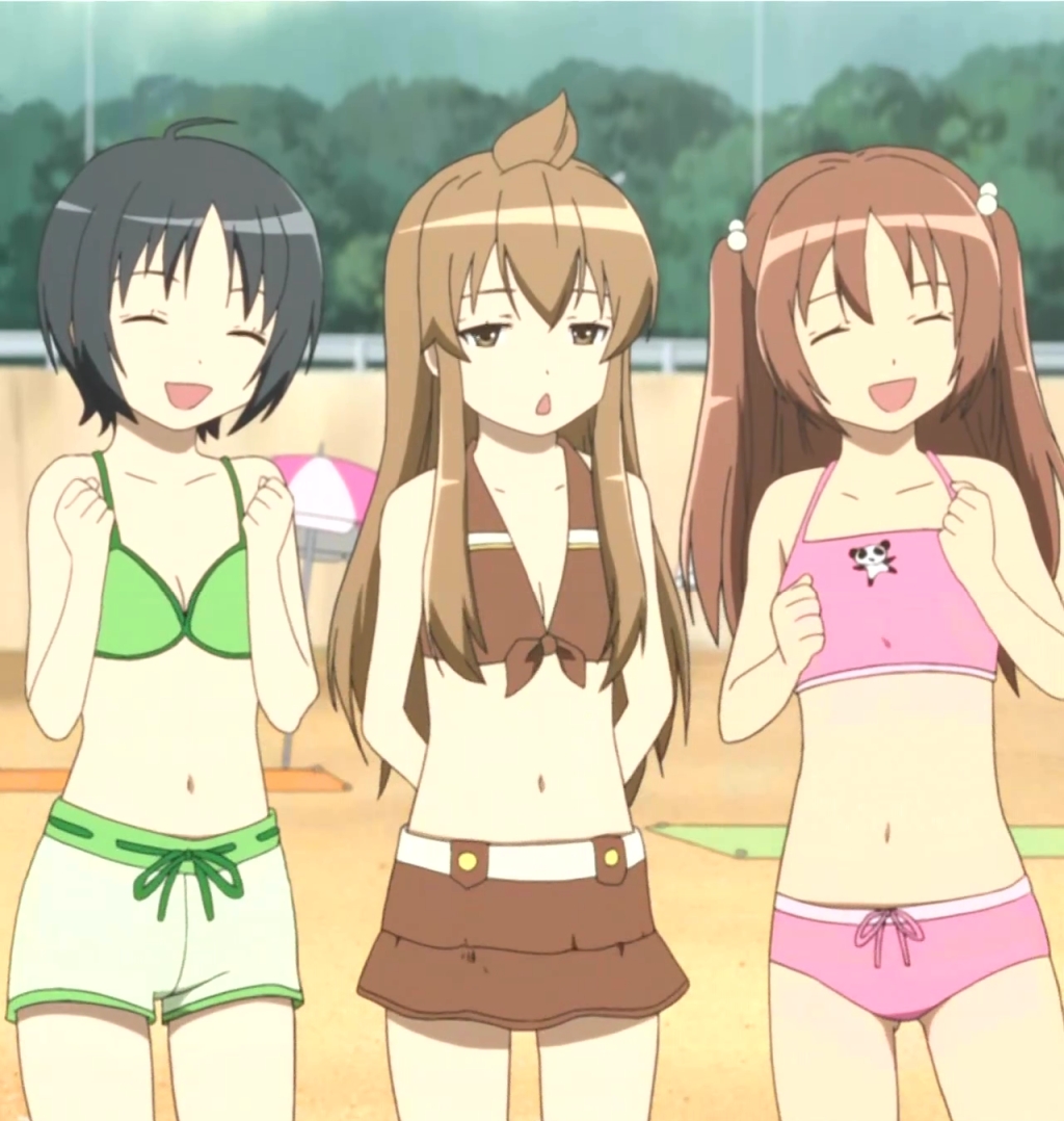 3girls, ahoge, beach, bikini, black_hair, brown_eyes, brown_hair, closed_eyes, flat_chest, hair_bobbles, hair_ornament, happy, long_hair, minami-ke, minami_chiaki, multiple_girls, navel, outdoors, screencap, short_hair, stitched, swimsuit, tankini, twintails, uchida_yuka, umbrella, yoshino_(minami-ke)