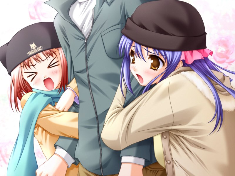>_<, 1boy, 2girls, blue_hair, blush, closed_eyes, hat, kouda_chinatsu