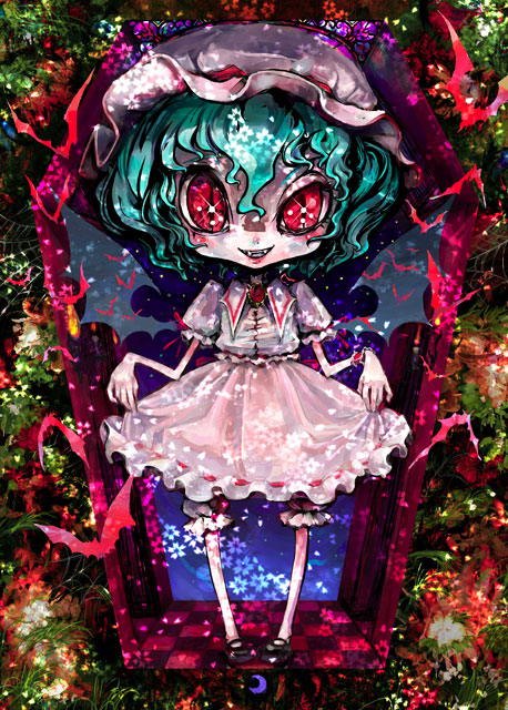 1girl, bat_wings, bloomers, blue_hair, brooch, dress, female, genocide_kitten