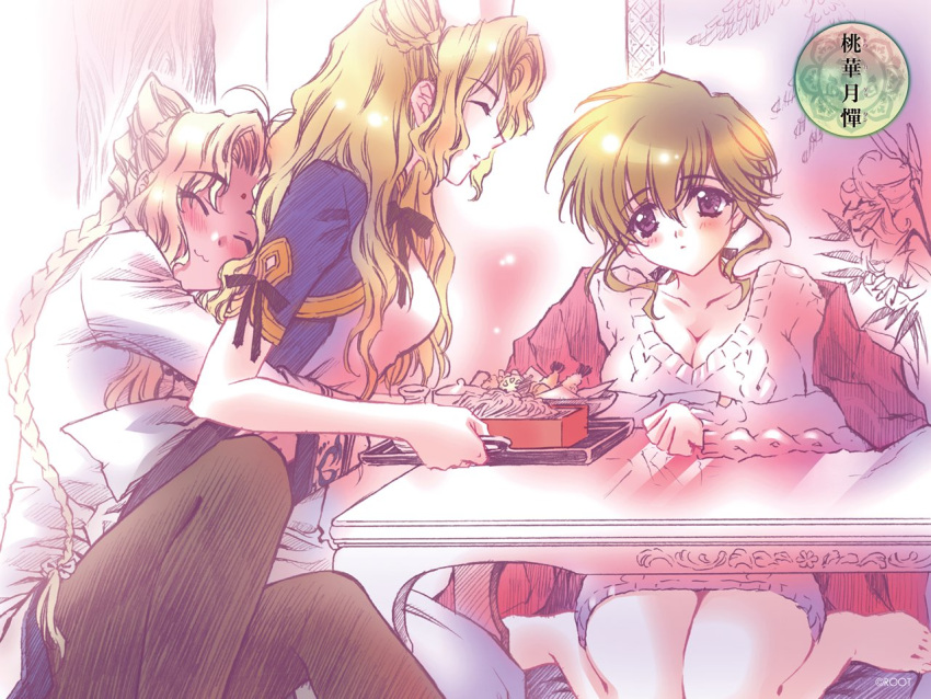 3girls, :3, barefoot, blonde_hair, braid, breasts, carnelian, cleavage