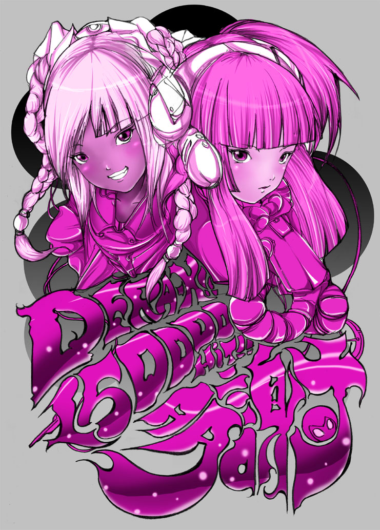 2girls, beatmania, beatmania_iidx, bemani, blush, braid, dark_skin, dera-x!!, headphones, hishimiya_tsugaru, magenta_eyes, magenta_hair, monochrome, purple, short_twintails, twin_braids, twintails, upper_body, xiatian_(beatmania_iidx)