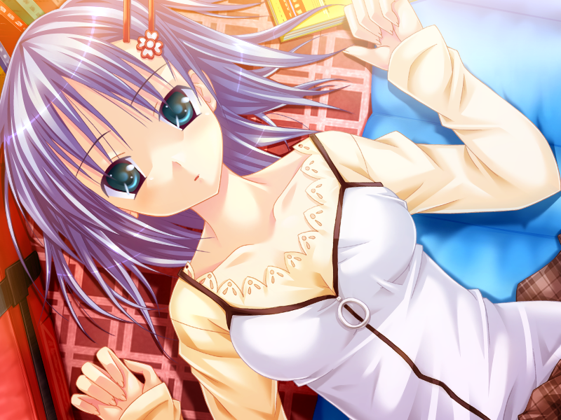 1girl, aqua_eyes, blue_hair, collarbone, dress, dutch_angle, game_cg, hair_ornament