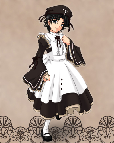 1girl, black_hair, dress, gothic, lowres, short_hair, solo, taniguchi_mai