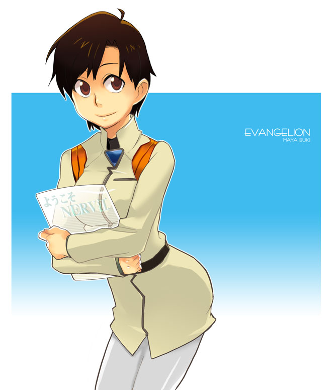 1girl, androgynous, brown_eyes, brown_hair, face, ibuki_maya, neon_genesis_evangelion, pantyhose, pencil_skirt, raglan_sleeves, saitou_yahu, short_hair, skirt, solo, translated, uniform, white_legwear