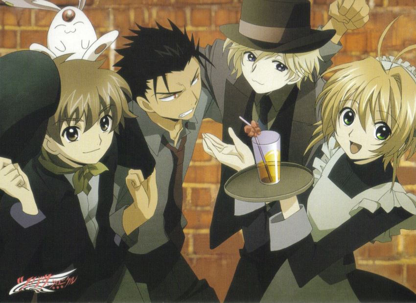 1girl, 3boys, :3, drink, fay_d_flourite, hat, hat_tip, highres