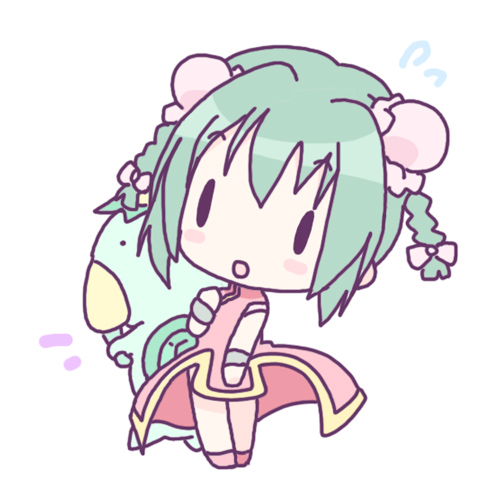 black_eyes, blush_stickers, bracelet, bun_cover, chibi, china_dress, chinese_clothes, double_bun, dress, green_hair, hair_ribbon, jewelry, kappa, lowres, mei_mei_(nagasarete_airantou), mirai_(sugar), nagasarete_airantou, open_mouth, ribbon, shoes, short_hair, sweatdrop, toono_(nagasarete_airantou)