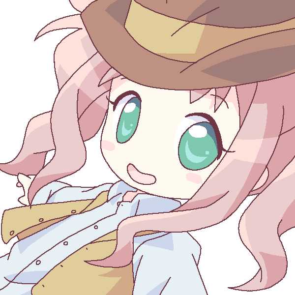 1girl, :d, brown_hat, buttons, chibi, close-up, collared_shirt, el_cazador_de_la_bruja, face, green_eyes, hat, lirio, long_sleeves, looking_at_viewer, mirai_(sugar), open_mouth, pink_hair, shirt, sidelocks, smile, solo, vest, white_shirt
