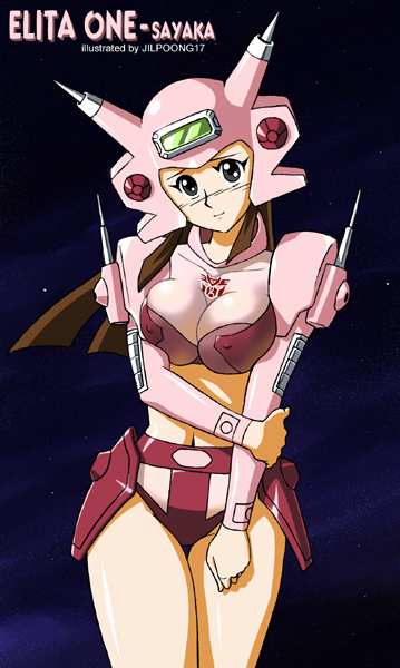 1girl, breast_squeeze, breasts, cosplay, elita-one, erect_nipples, helmet, jilpoong17, mazinger_z, mecha, midriff, solo, transformers, yumi_sayaka