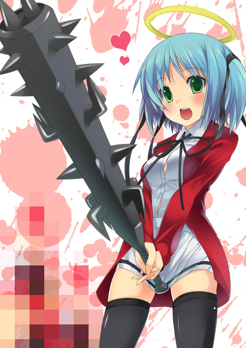 blood, blue_hair, bokusatsu_tenshi_dokuro-chan, club, escaliborg, excalibolg, green_eyes, halo